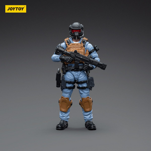 Toy figure of a soldier in tactical gear with a rifle on a gray background, brand 'JOYTOY' visible.