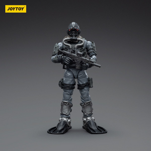 Toy figure of a futuristic soldier in gray armor holding a weapon on a gray background with 'JOYTOY' branding.