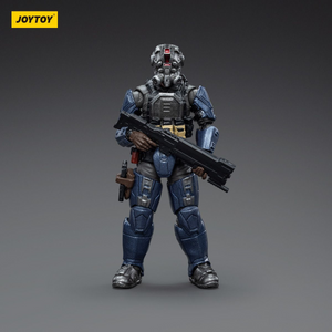 Toy figure of a character in futuristic armor holding a weapon on a gray background with 'JOYTOY' branding.