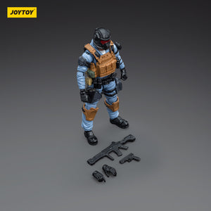 Toy figure in tactical gear with accessories on a gray background, featuring the JOYTOY brand.