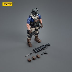 Action figure with tactical gear and weapons on a gray background, featuring the JOYTOY brand.