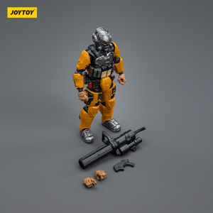 Toy figure in orange and black armor with weapons on a gray background, featuring the JOYTOY brand.