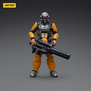 Toy figure in tactical gear with a weapon on a gray background, featuring the JOYTOY brand.