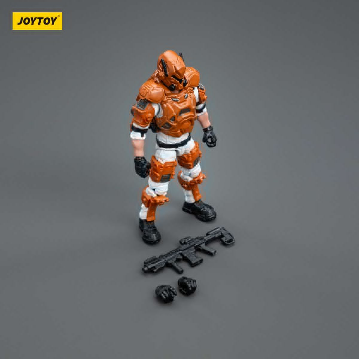 Toy figure in orange and white armor with black accessories on a gray background, featuring the JOYTOY brand.