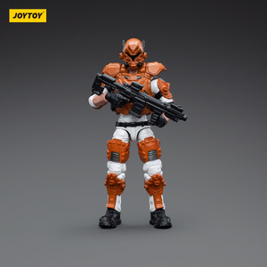 Toy figure in orange and white armor holding a weapon on a gray background with 'JOYTOY' branding.