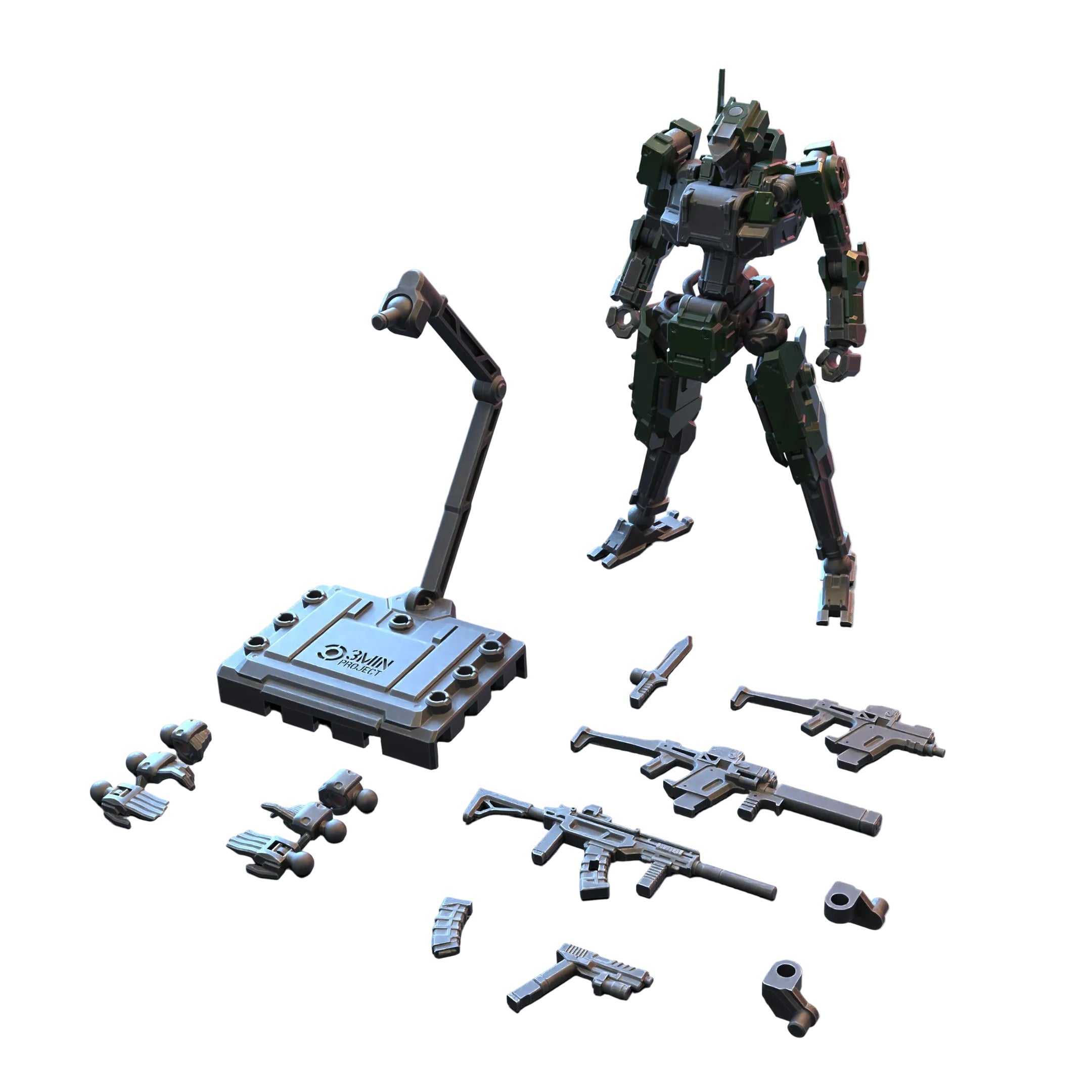 Toy robot with various weapons on a white background
