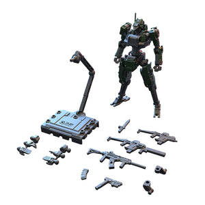 Toy robot with various weapons on a white background