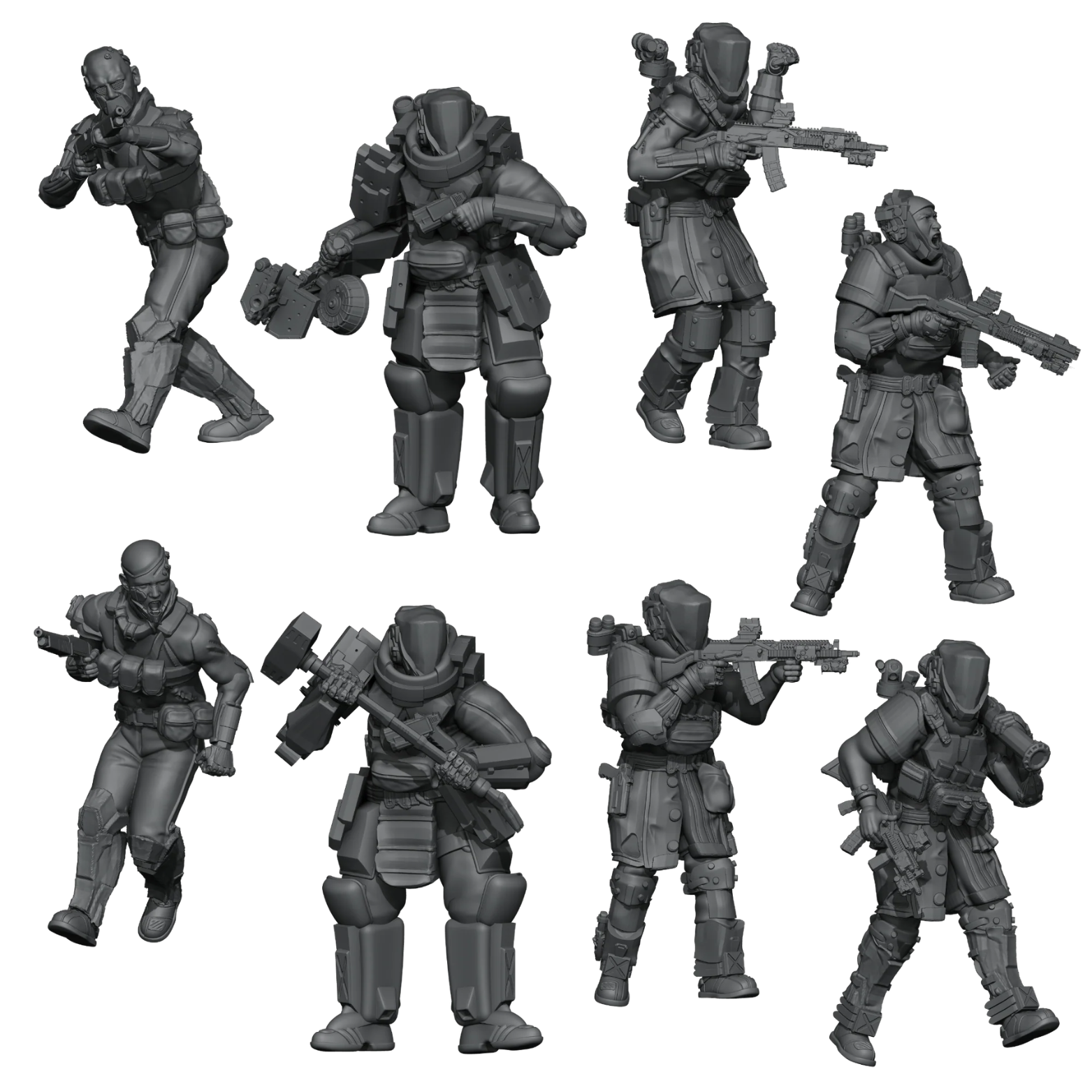 Eight gray miniature soldier figures in different combat poses, shown on a plain white background.