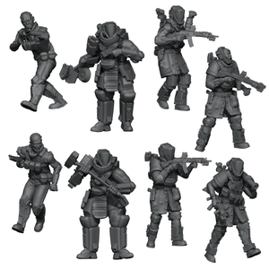 Eight gray miniature soldier figures in different combat poses, shown on a plain white background.