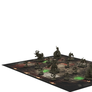 Fantasy miniatures on a dark gaming mat with glowing green spots