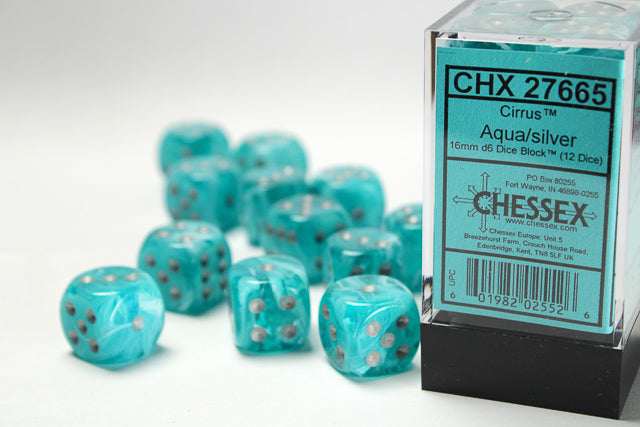 Turquoise dice with silver dots and a Chessex packaging box on a white background