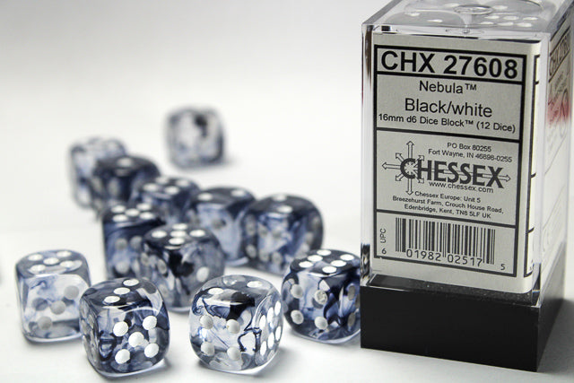 Chessex Nebula dice set with packaging on a white background