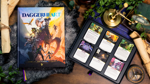 Daggerheart game box with trading cards on a wooden surface
