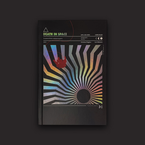 Book titled 'Death in Space' with a colorful abstract design on a dark background