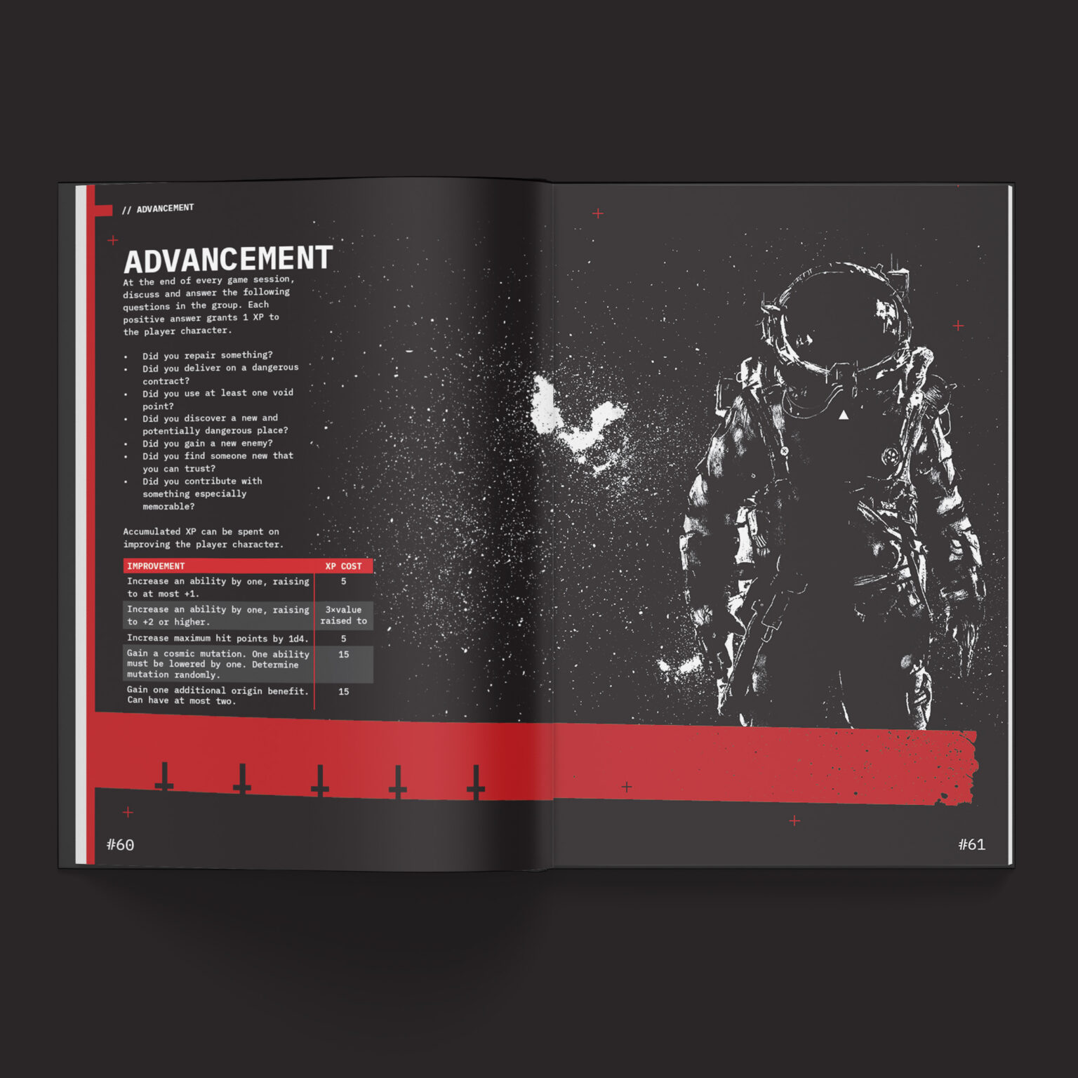 Open book with an astronaut illustration and text on a dark background