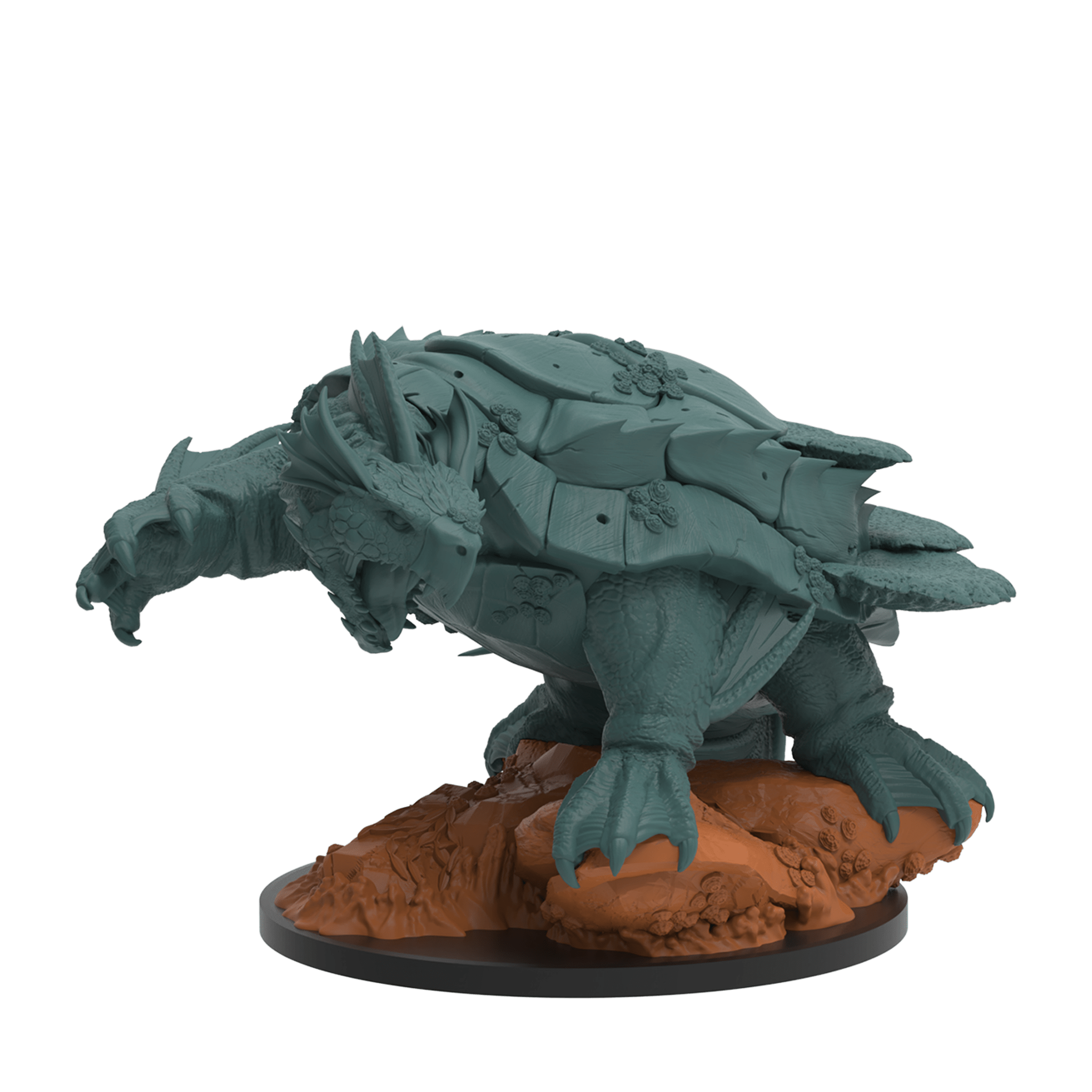 Green fantasy creature on a brown base against a white background