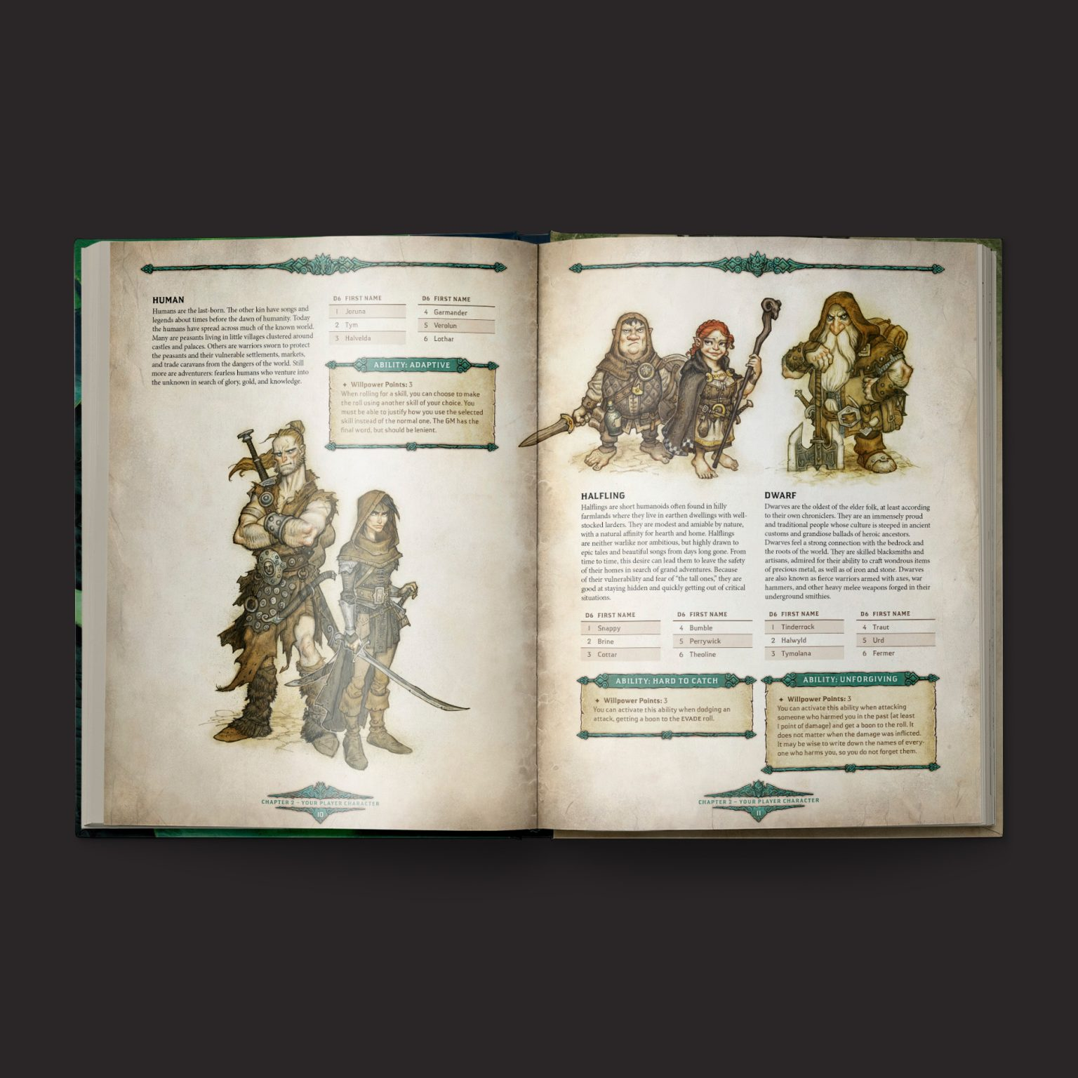 Open book showing illustrations of characters and text on a dark background