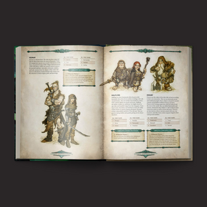 Open book showing illustrations of characters and text on a dark background