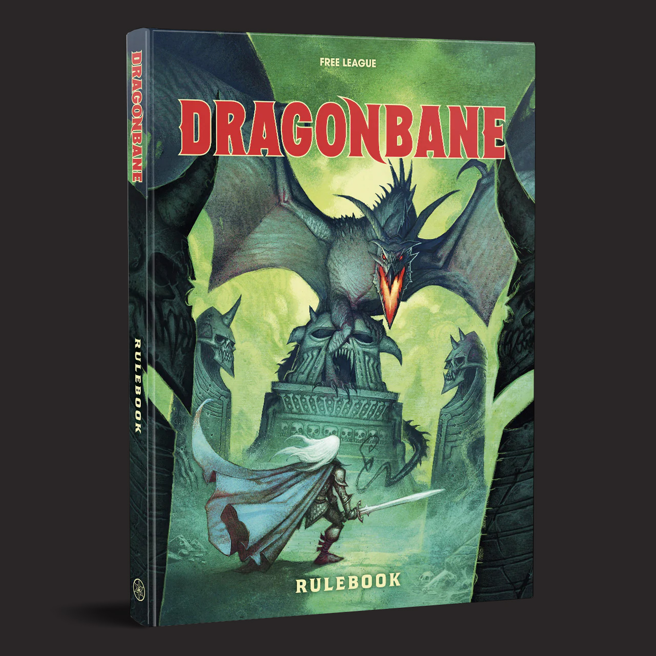 Dragonbane rulebook cover with a dragon and warrior illustration on a dark background
