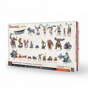 Dungeons & Dragons figurine set packaging with illustrations of various characters on a white background.