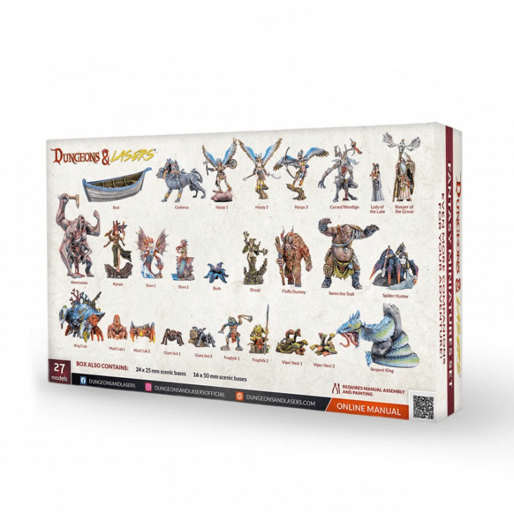 Dungeons & Dragons figurine set packaging with illustrations of various characters on a white background.