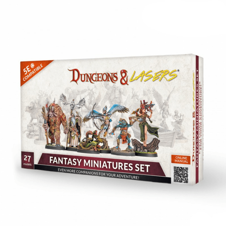 Fantasy miniatures set packaging with 'Dungeons & Lasers' branding on a white background
