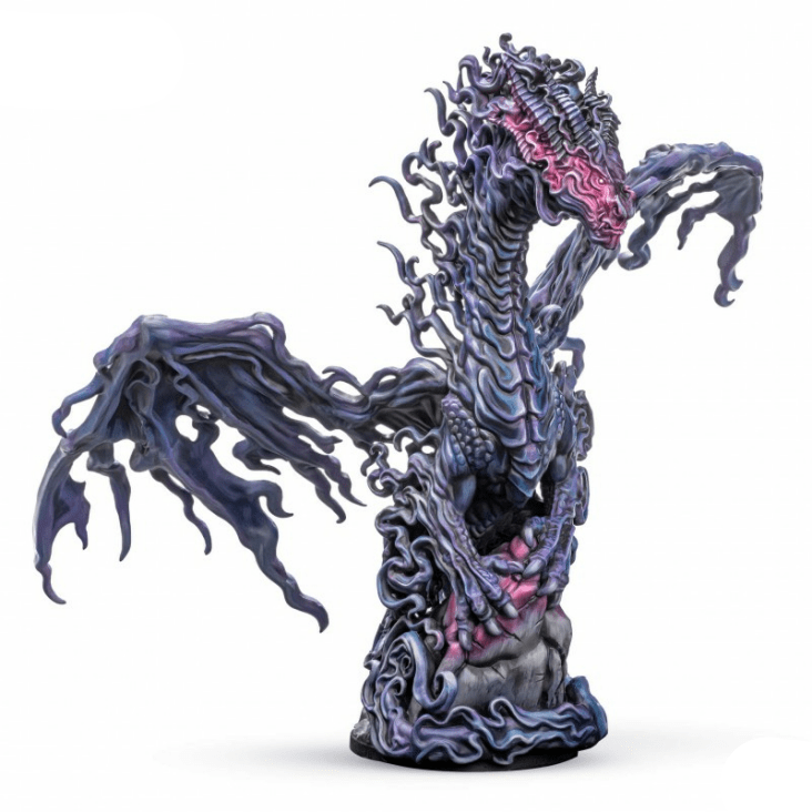 Fantasy dragon figurine with intricate design on a white background, featuring the Dungeons & Dragons logo.
