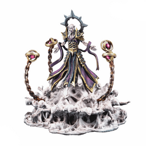 Fantasy figurine with a dark, ornate outfit on a white background, featuring the 'Dungeons & Lasers' logo.