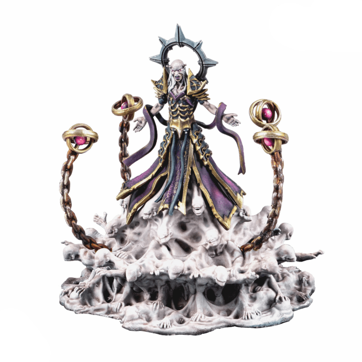 Fantasy figurine with a dark, ornate outfit on a white background, featuring the 'Dungeons & Lasers' logo.