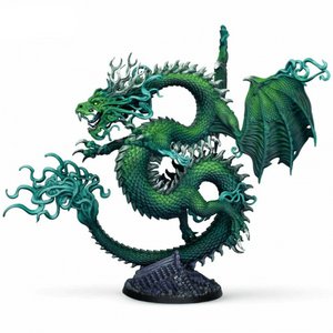 Green dragon figurine with detailed scales and wings on a white background, featuring the 'Dungeons & Dragons' logo.