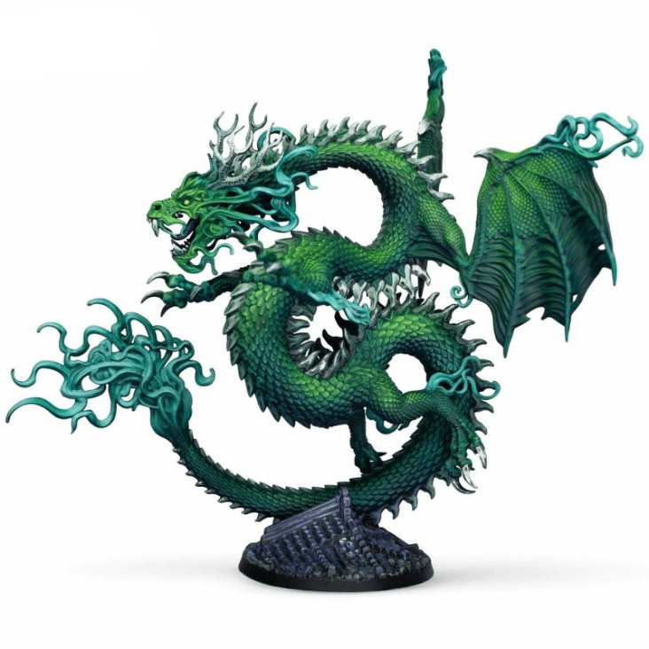 Green dragon figurine with detailed scales and wings on a white background, featuring the 'Dungeons & Dragons' logo.