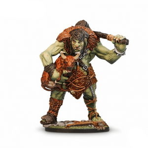 Guerreiro orc em miniatura com armadura e arma, marca Dungeons & Dragons.