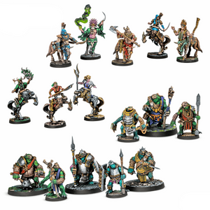 Collection of miniature figurines with 'Dungeons & Lasers' logo on a white background