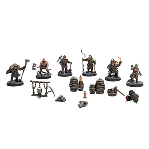 Set of miniatures and accessories from the game 'Dungeons & Lasers' on a white background.