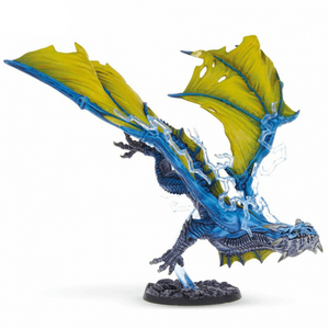 Dragon figurine with blue and yellow wings on a white background, featuring the Dungeons & Dragons logo.