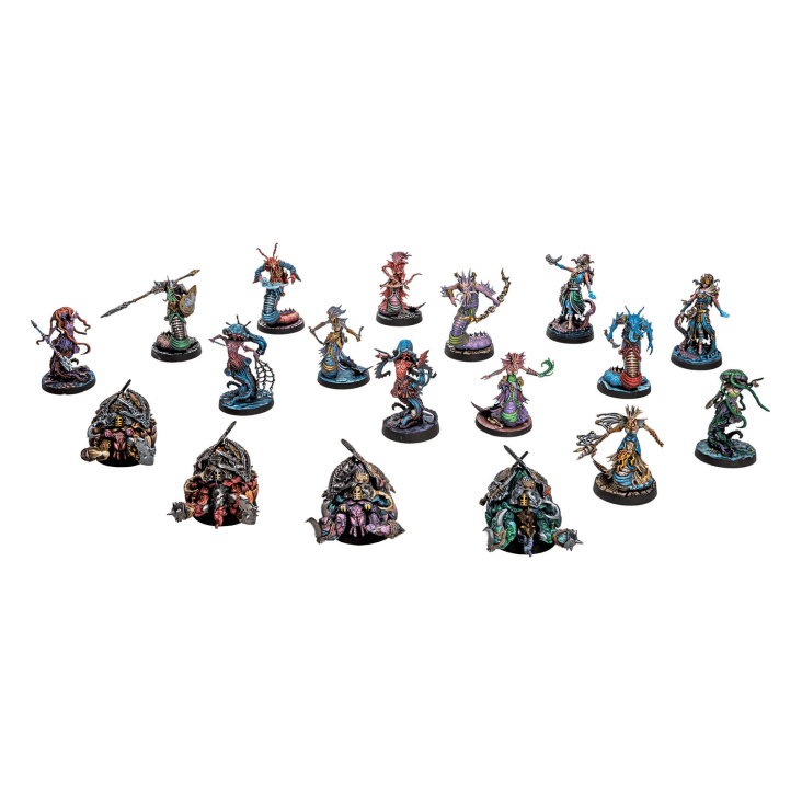 Collection of miniatures from the game 'Dungeons & Lasers' on a white background.
