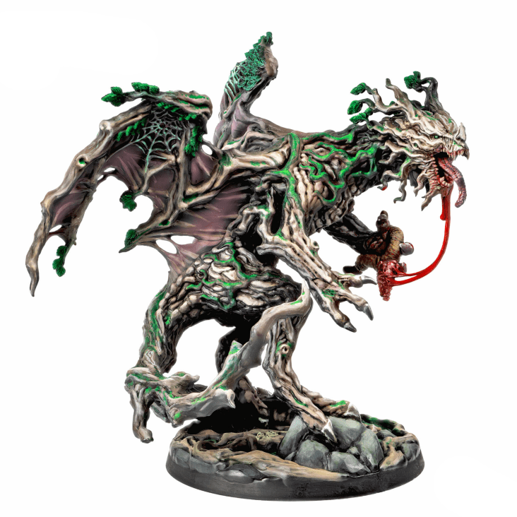 Fantasy dragon figurine with green accents and red tongue on a white background, featuring the 'Dungeons & Lasers' logo.