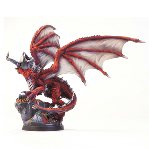 Dragon figurine with red scales and white wings on a white background, featuring the 'Dungeons & Dragons' logo.
