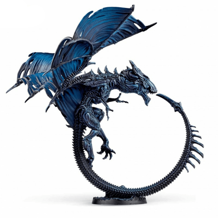 Blue dragon figurine with detailed wings and tail on a white background, featuring the Dungeons & Dragons logo.
