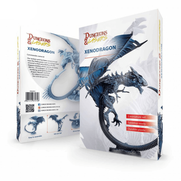 Two packaging boxes for 'Xenodragon' from Dungeons & Dragons on a white background