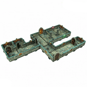 Set of miniature game terrain pieces on a white background
