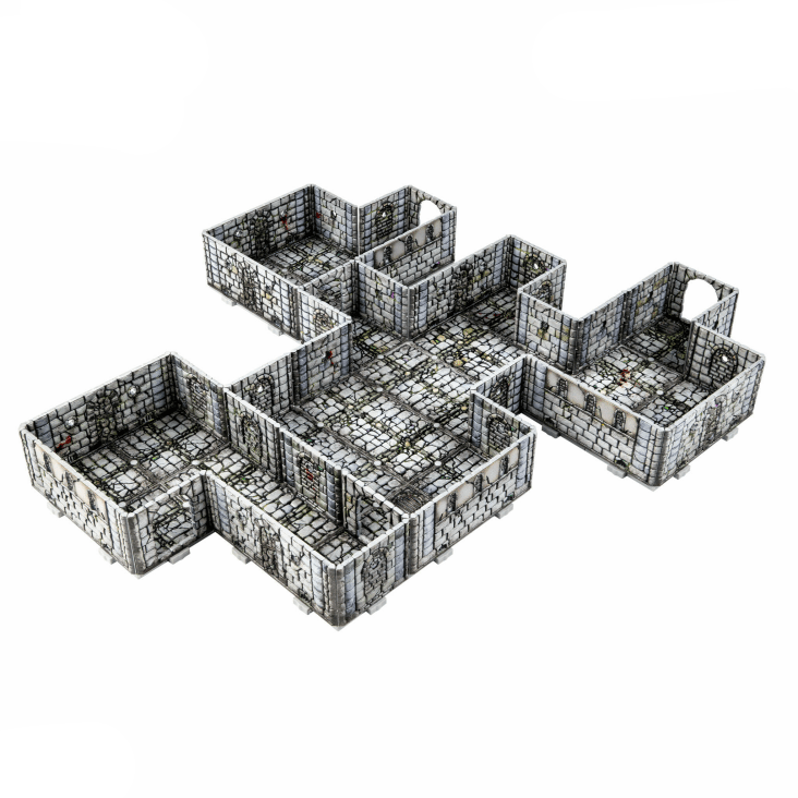 Set of modular dungeon tiles with 'Dungeons & Lasers' branding on a white background.