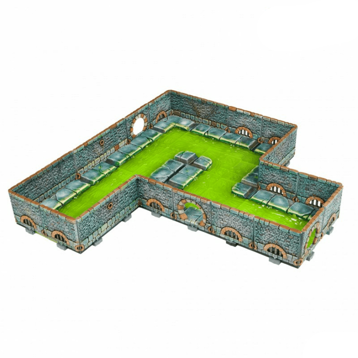 Stone dungeon layout with green grass floor, featuring 'Dungeons & Lasers' logo.
