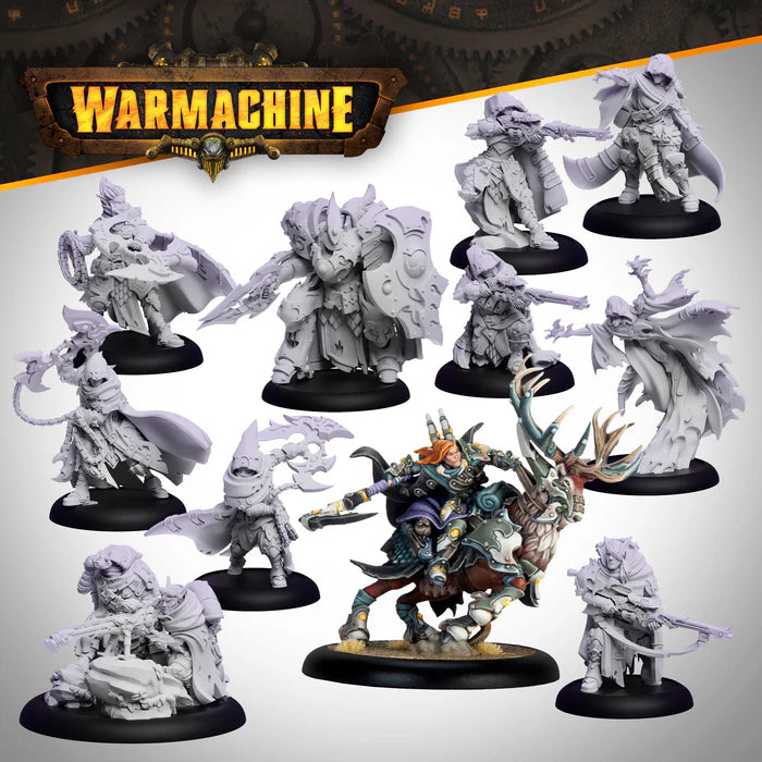Collection of miniatures from the Warmachine game on a gray background