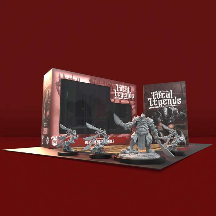 Wargaming miniatures set with 'Local Legends' branding on a red background