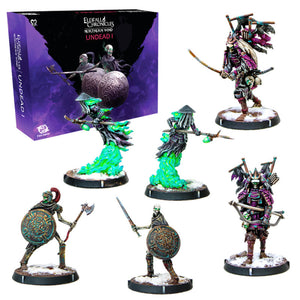 Collection of fantasy miniatures with a purple box labeled 'Elfhelm's Unicorns' on a white background.