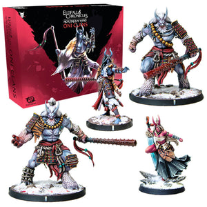 Four figurines of Oni Clans from Elfalla Chronicles with a box in the background.