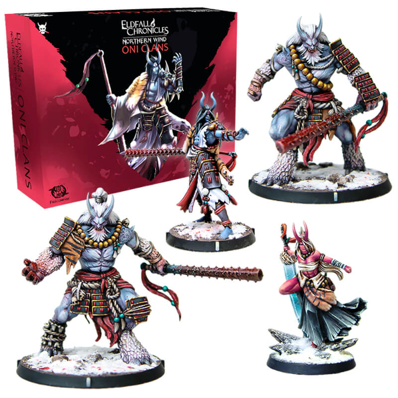 Four figurines of Oni Clans from Elfalla Chronicles with a box in the background.