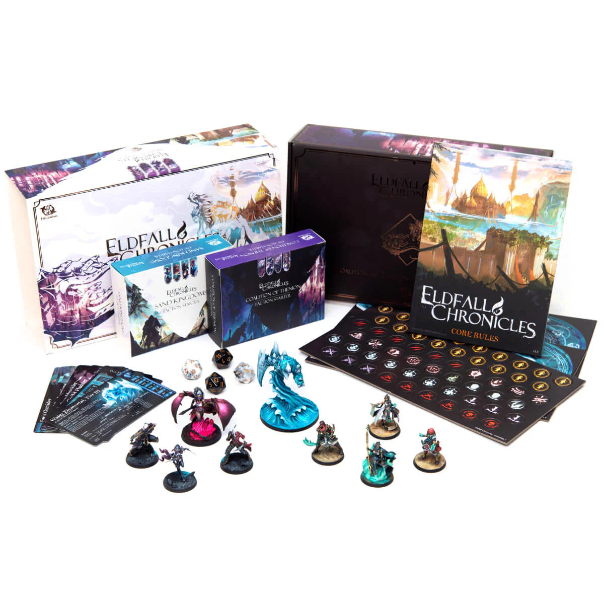 Collection of gaming components including miniatures, cards, and rulebooks on a white background
