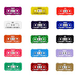 Collection of colorful cassette-style game score cards with 'Points', 'Life', and 'Play Hard or Lose Hard' text on a white background.